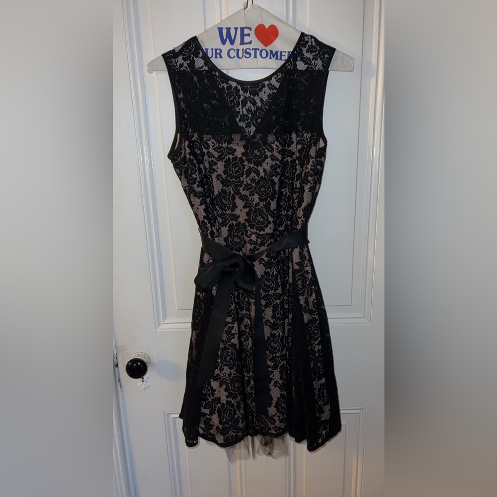 Lace, black dress with bow belt (remove-able) size 16.